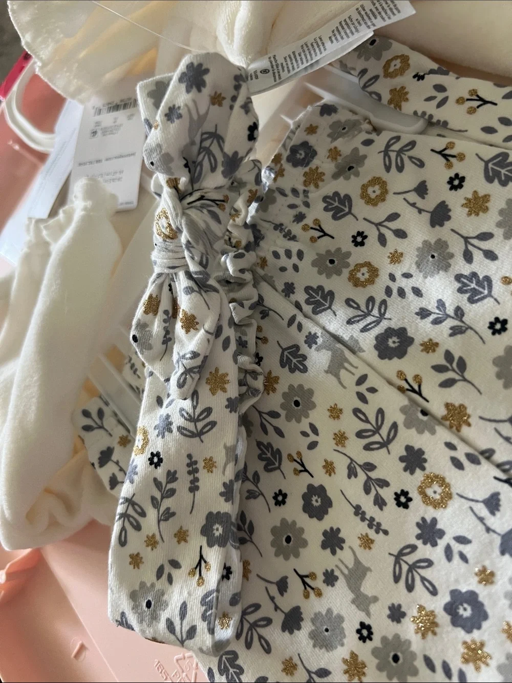 Carter's Cream Plush Tunic with Gold Accent Buttons pant and headband set